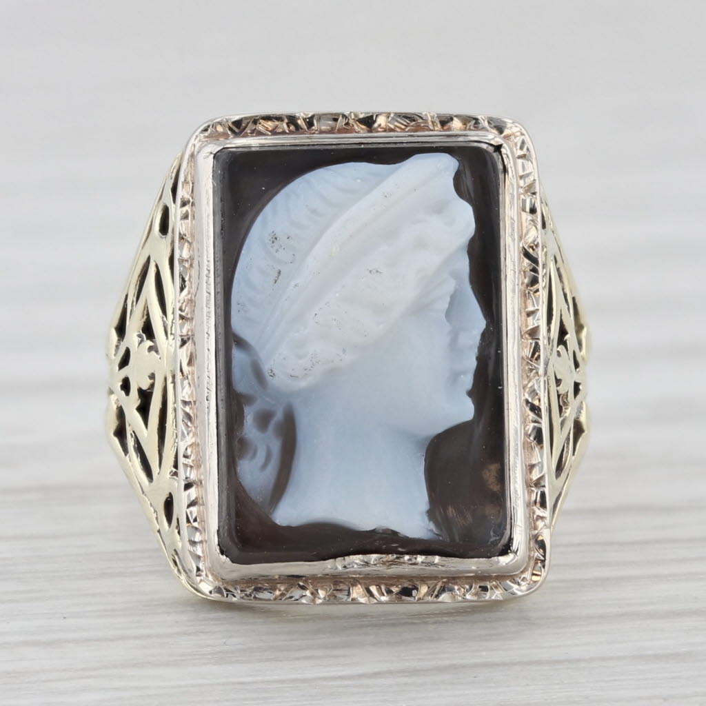 Light Gray Vintage Black White Chalcedony Cameo 14k Yellow Gold Size 3.5 Ring