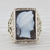 Vintage Black White Chalcedony Cameo 14k Yellow Gold Size 3.5 Ring