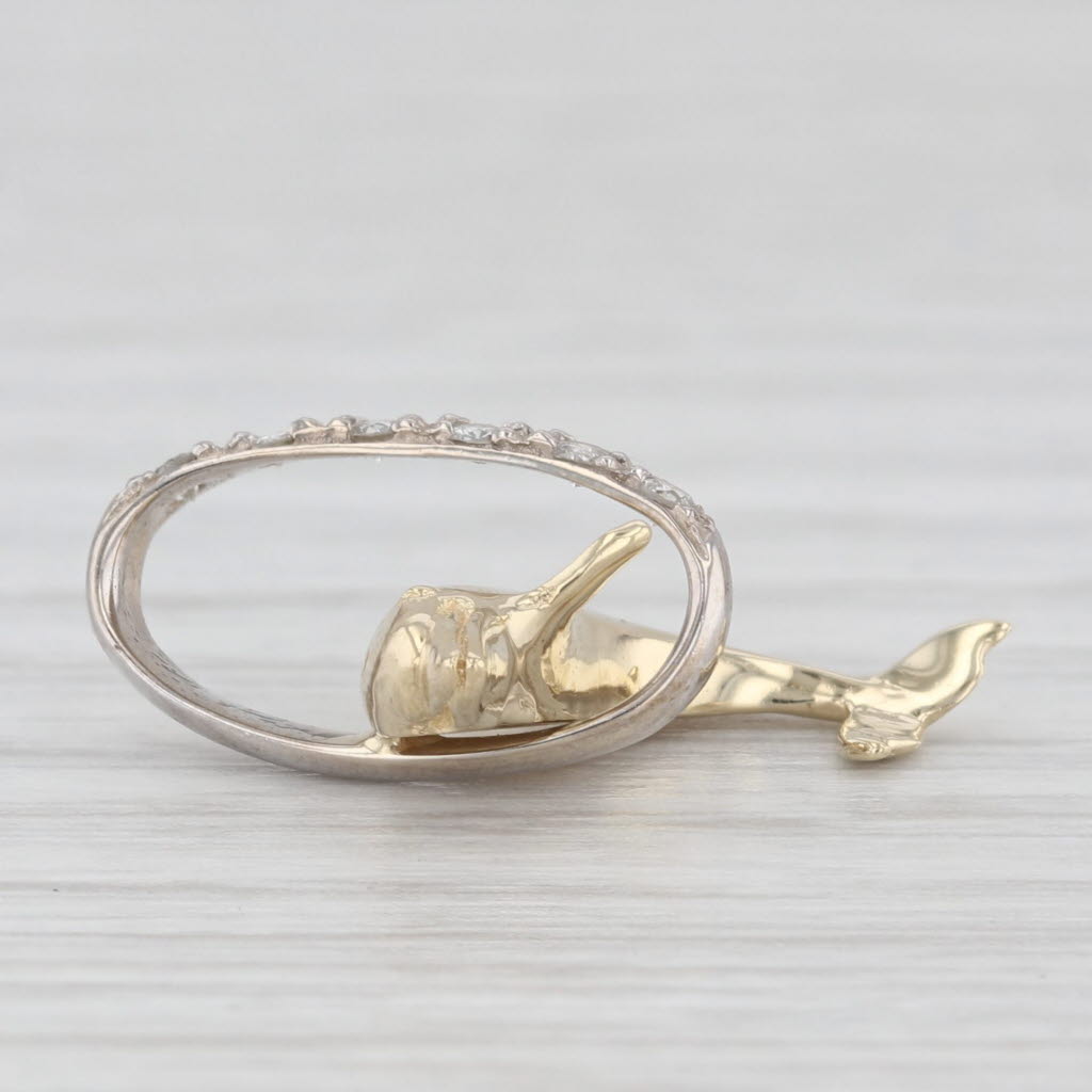 Light Gray Dolphin Jumping through Diamond Hoop Pendant 14k White Yellow Gold