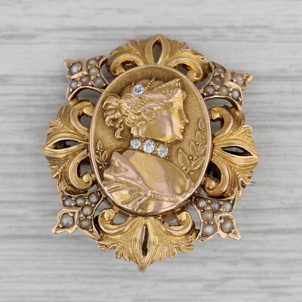 Gray Vintage Cameo Brooch Pendant 14k Yellow Gold Diamond Pearl Floral Pin