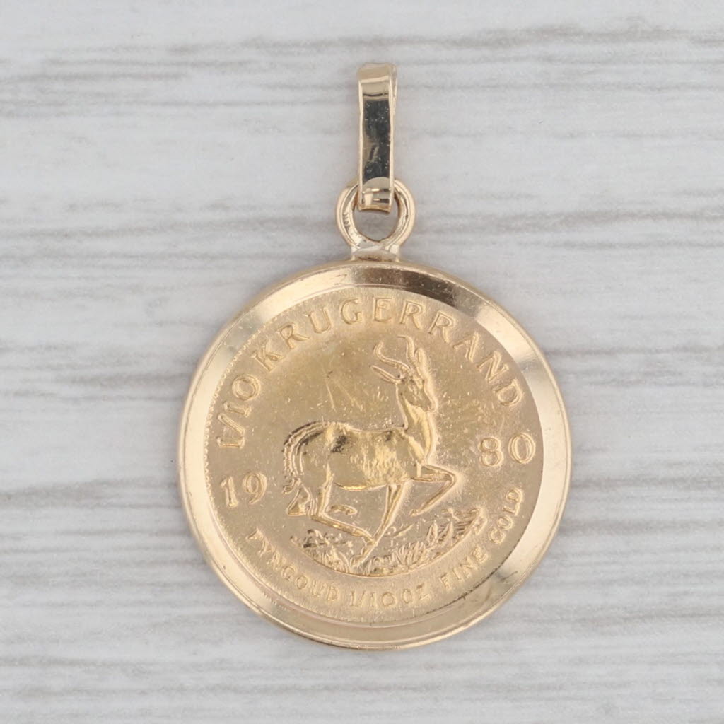 Gray 1980 1/10 oz South African Krugerrand Coin Pendant 14k 22k Yellow Gold