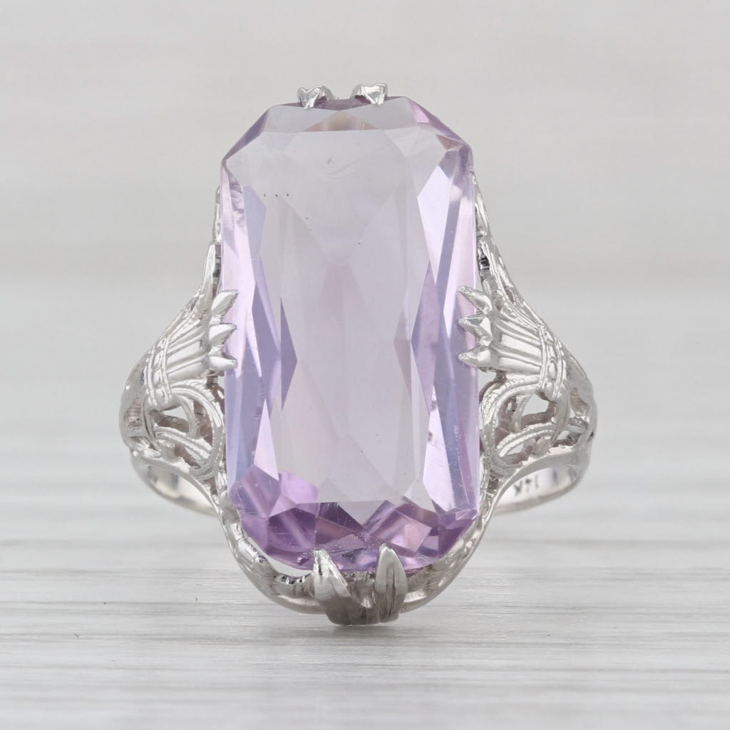 Vintage Ornate 4.25ct Amethyst Solitaire Ring Filigree 14k White Gold Size 5.5