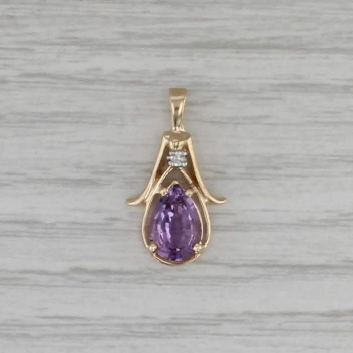 1.10ct Pear Amethyst Pendant 14k Yellow Gold Diamond Accent Teardrop