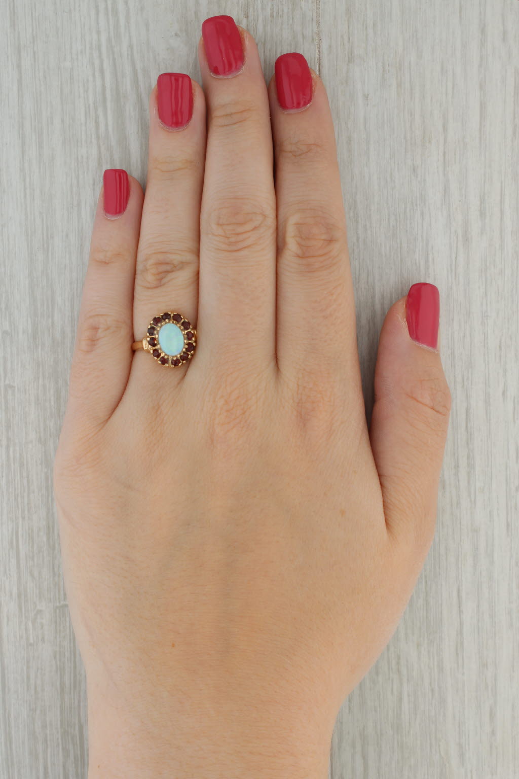 Rosy Brown Vintage Opal Cabochon Garnet Halo Ring 14k Yellow Gold Size 8