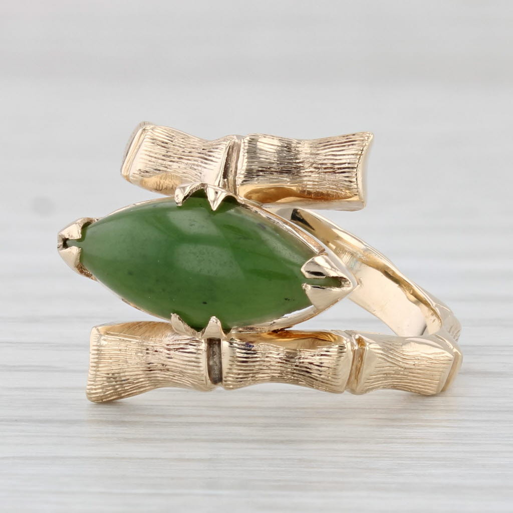 Light Gray Marquise Green Nephrite Jade Bamboo Ring 10k Yellow Gold Bypass Size 6.25