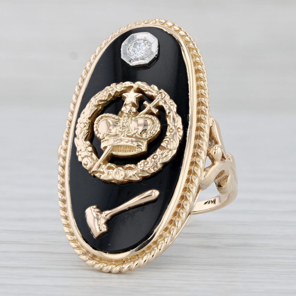 Light Gray Order of Amaranth Signet Ring 10k Yellow Gold Diamond Onyx Size 8 Crown Gavel