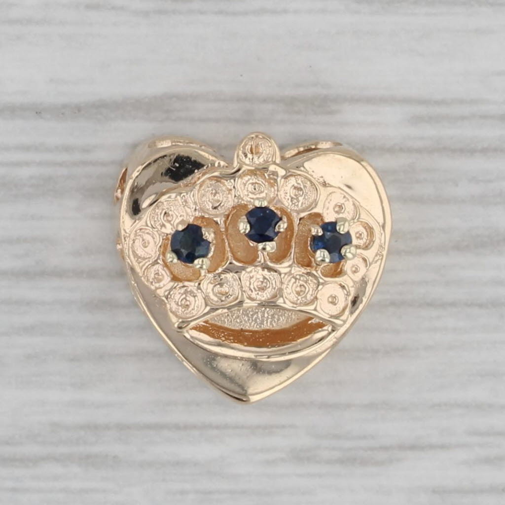 Gray Blue Sapphire Crown Heart Slide Bracelet Charm 14k Yellow Gold Vintage