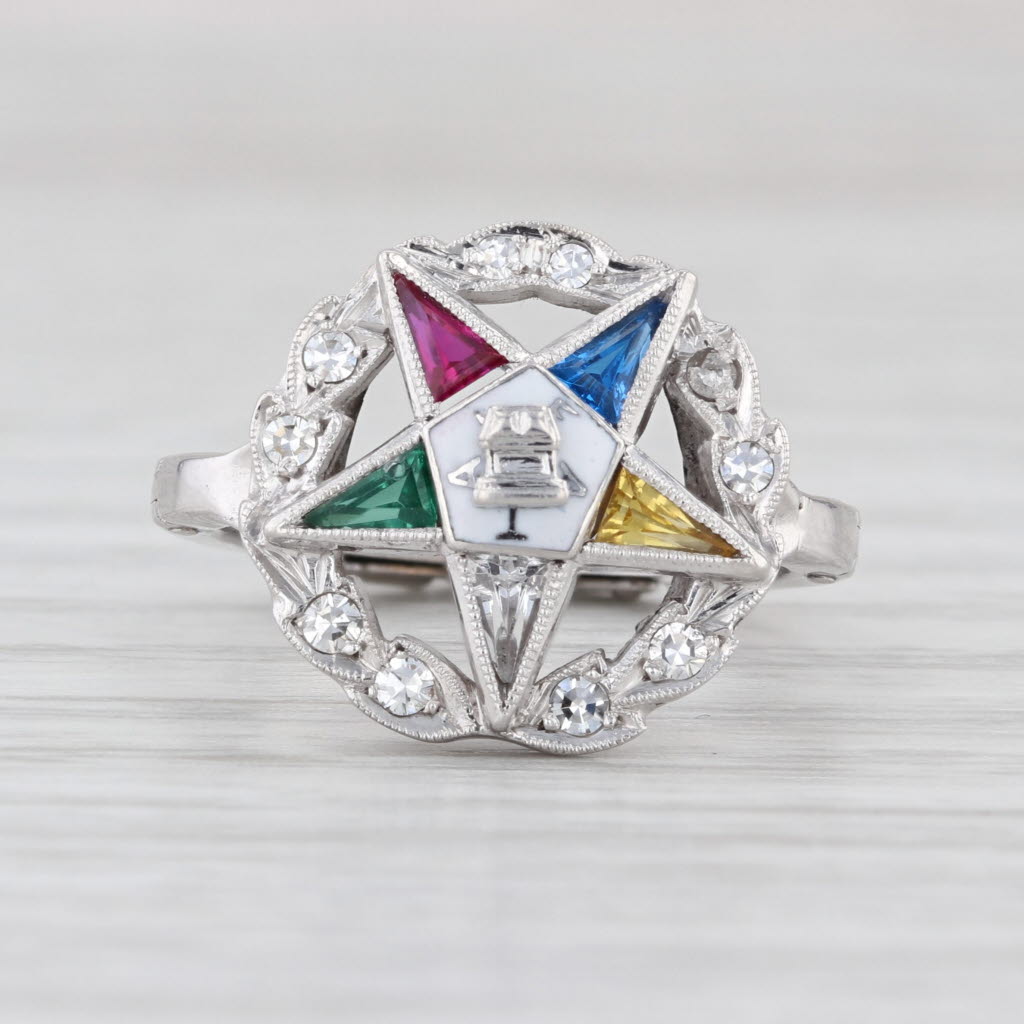 Masonic Order Eastern Star Signet Ring 14k White Gold Size 5 Arthritc Shank