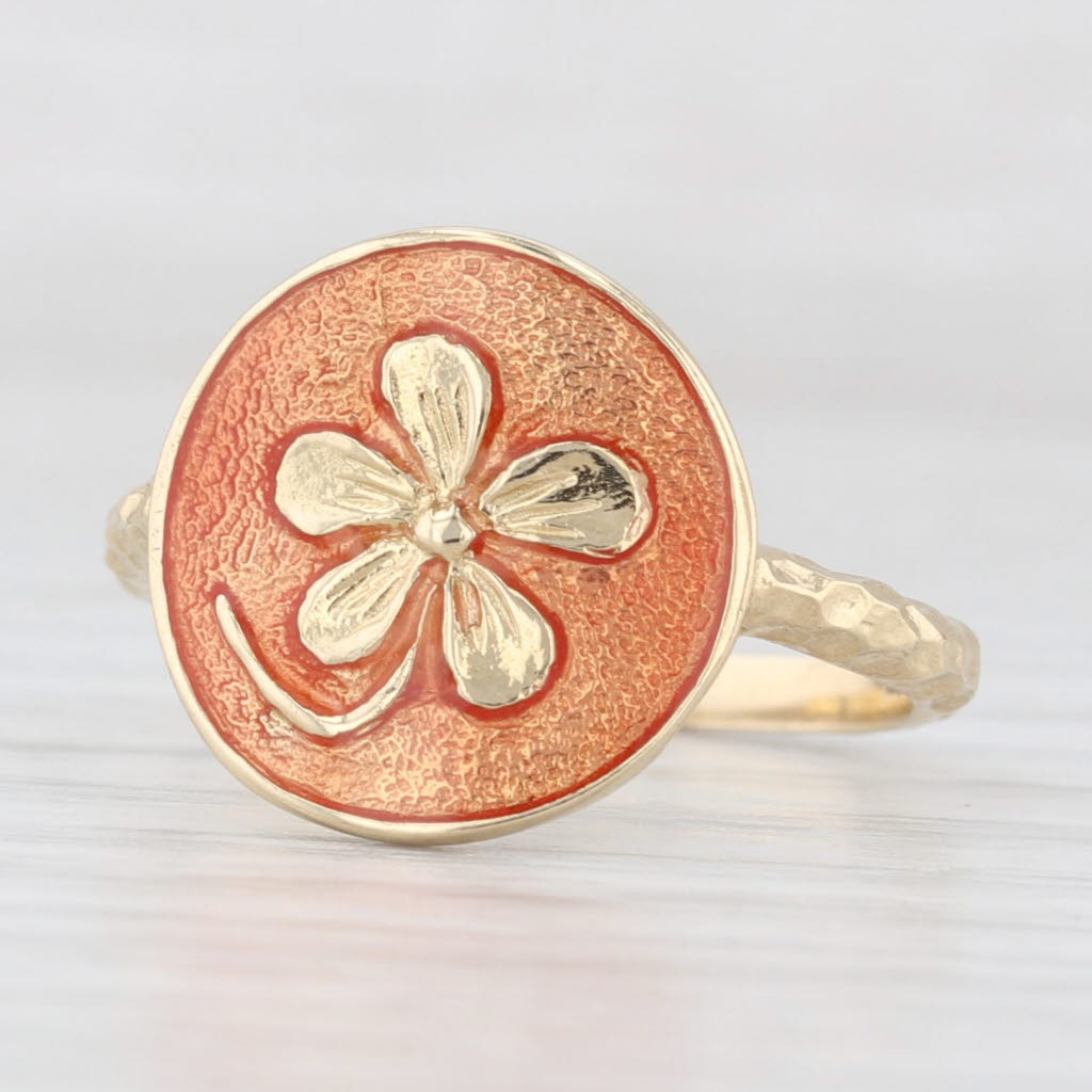Orange Enamel Flower Signet Ring 14k Yellow Gold Size 7.5