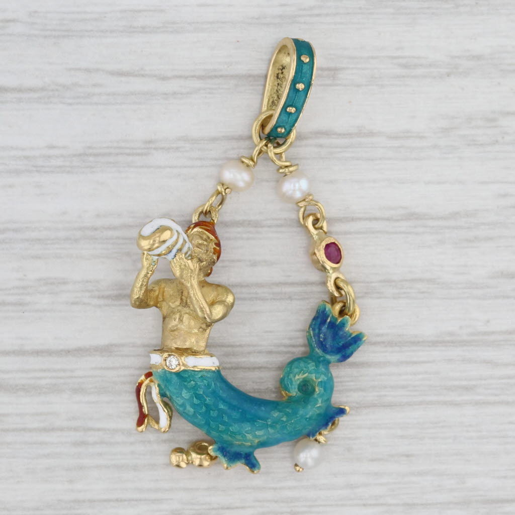 Light Gray Merman Holding Conch Shell Pendant Ruby Pearls Diamond 18k Yellow Gold Enamel