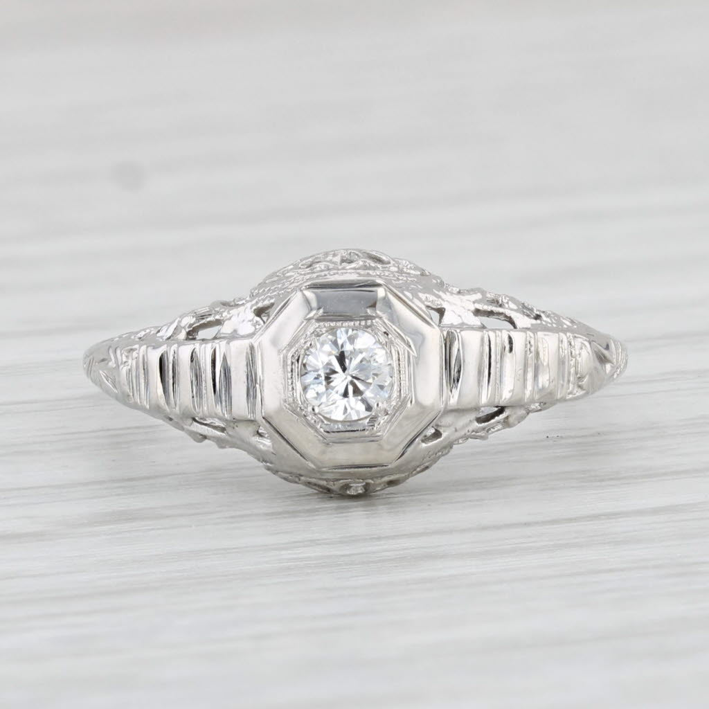 Light Gray Art Deco 0.15ct Diamond Solitaire Engagement Ring 18k White Gold Filigree S 6.25