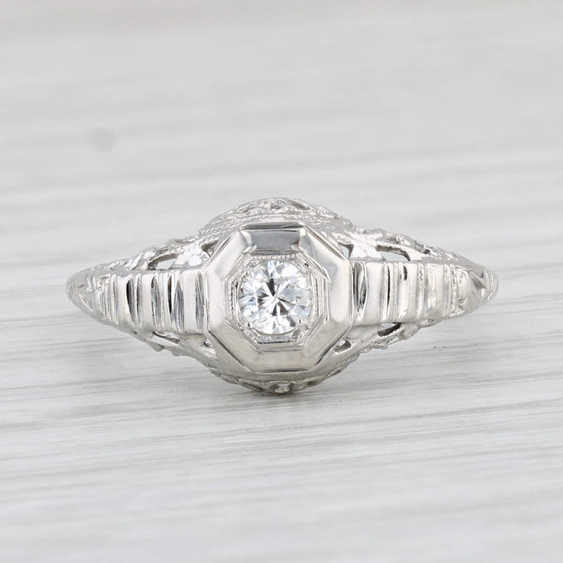 Light Gray Art Deco 0.15ct Diamond Solitaire Engagement Ring 18k White Gold Filigree S 6.25