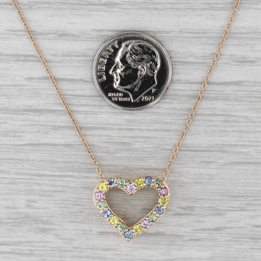 0.75ctw Multicolor Sapphire Heart Pendant Necklace 14k Gold 17" Cable Chain
