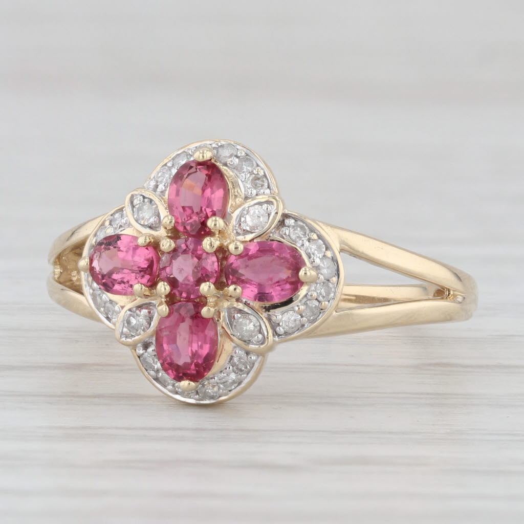 Light Gray 0.80ctw Pink Spinel Diamond Flower Ring 10k Yellow Gold Size 8