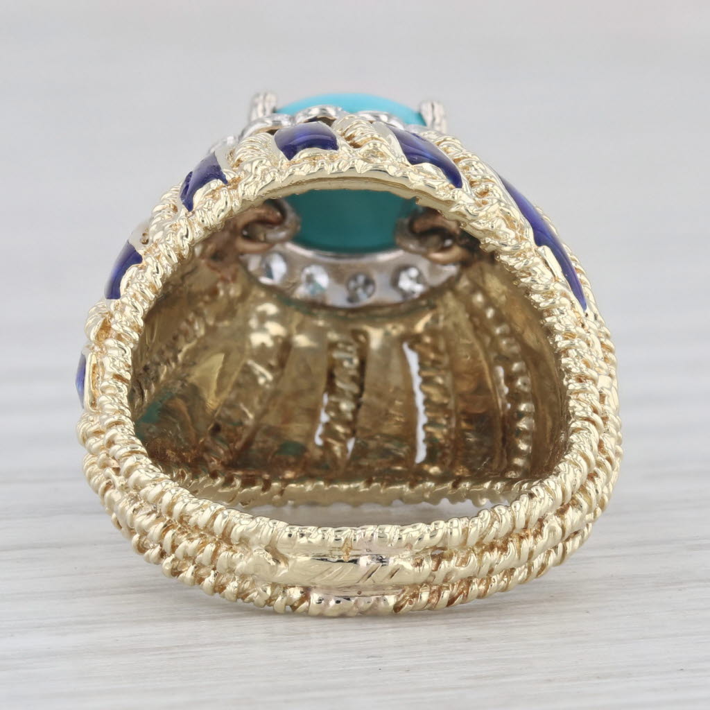 Light Gray Vintage Turquoise Diamond Enamel Cocktail Ring 14k Yellow Gold Size 5.75