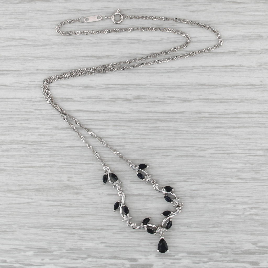 1.96ctw Blue Sapphire Vinework Necklace 14k White Gold 17.5" Singapore Chain