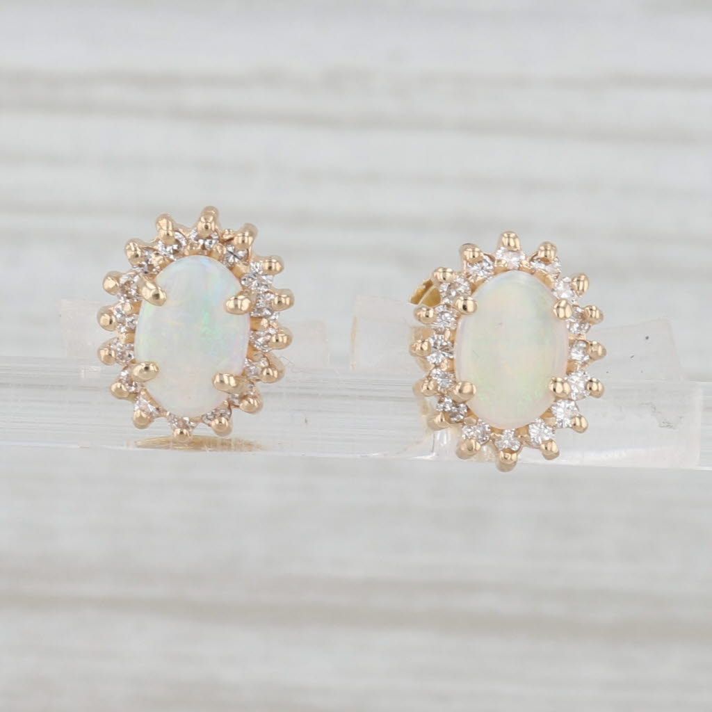 Opal Diamond Halo Stud Earrings 14k Yellow Gold Oval Cabochons Studs