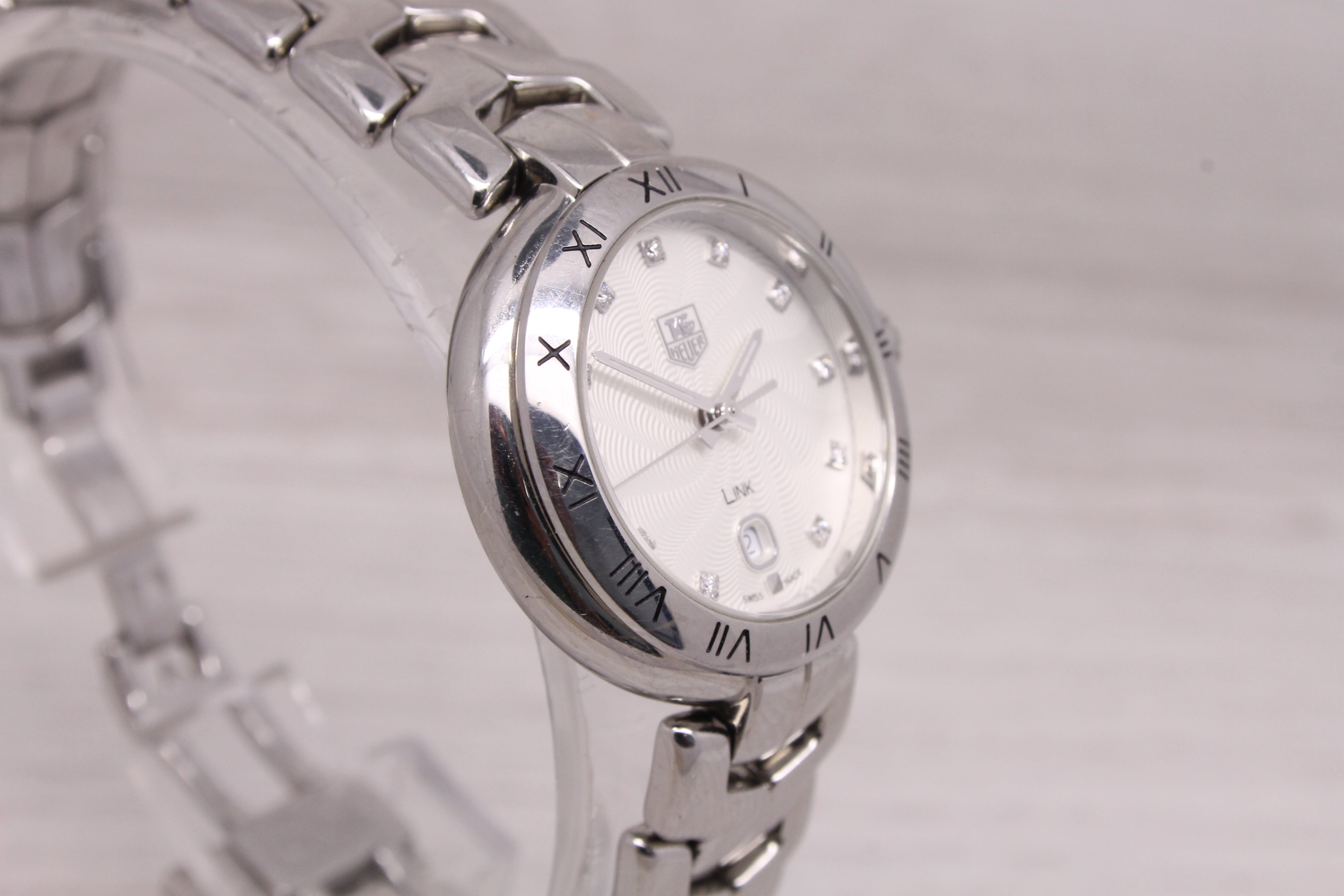 Gray Tag Heuer Link WAT1411 Ladies 29mm Steel Quartz Watch w Date Diamond Dial