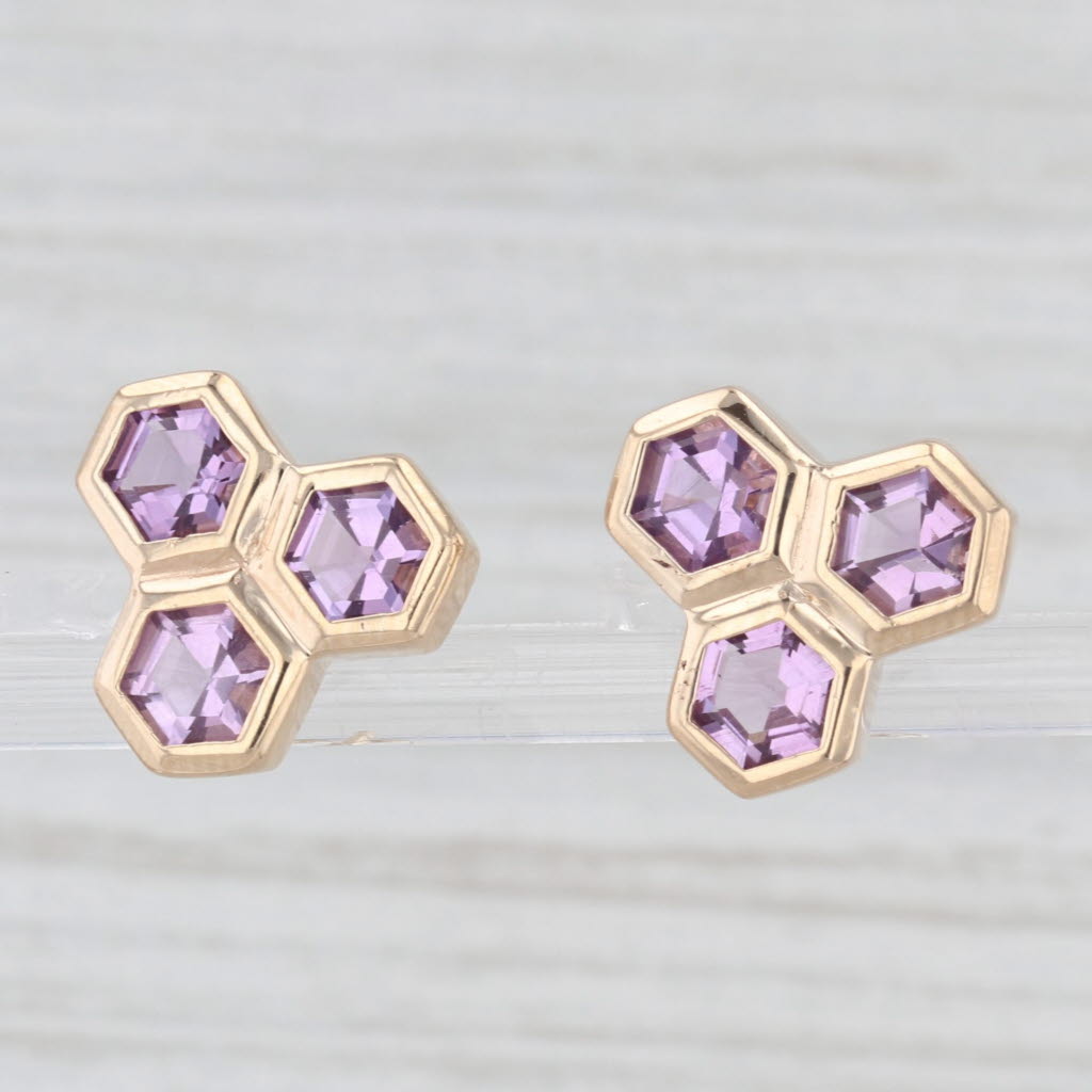 Light Gray New Amethyst Hexagon Cluster Stud Earrings 14k Yellow Gold