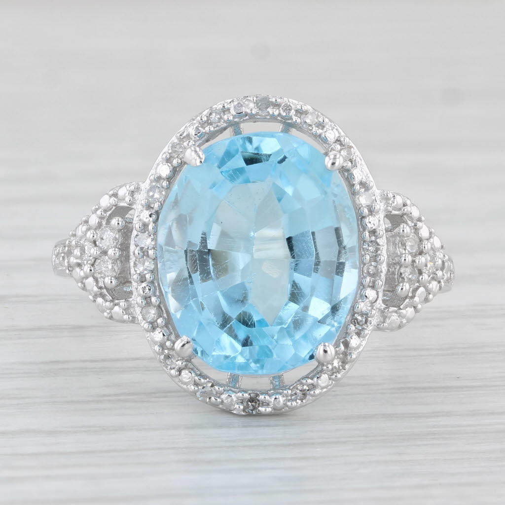 Light Gray 6.12ctw Oval Blue Topaz Diamond Halo Ring 14k White Gold Size 6.5