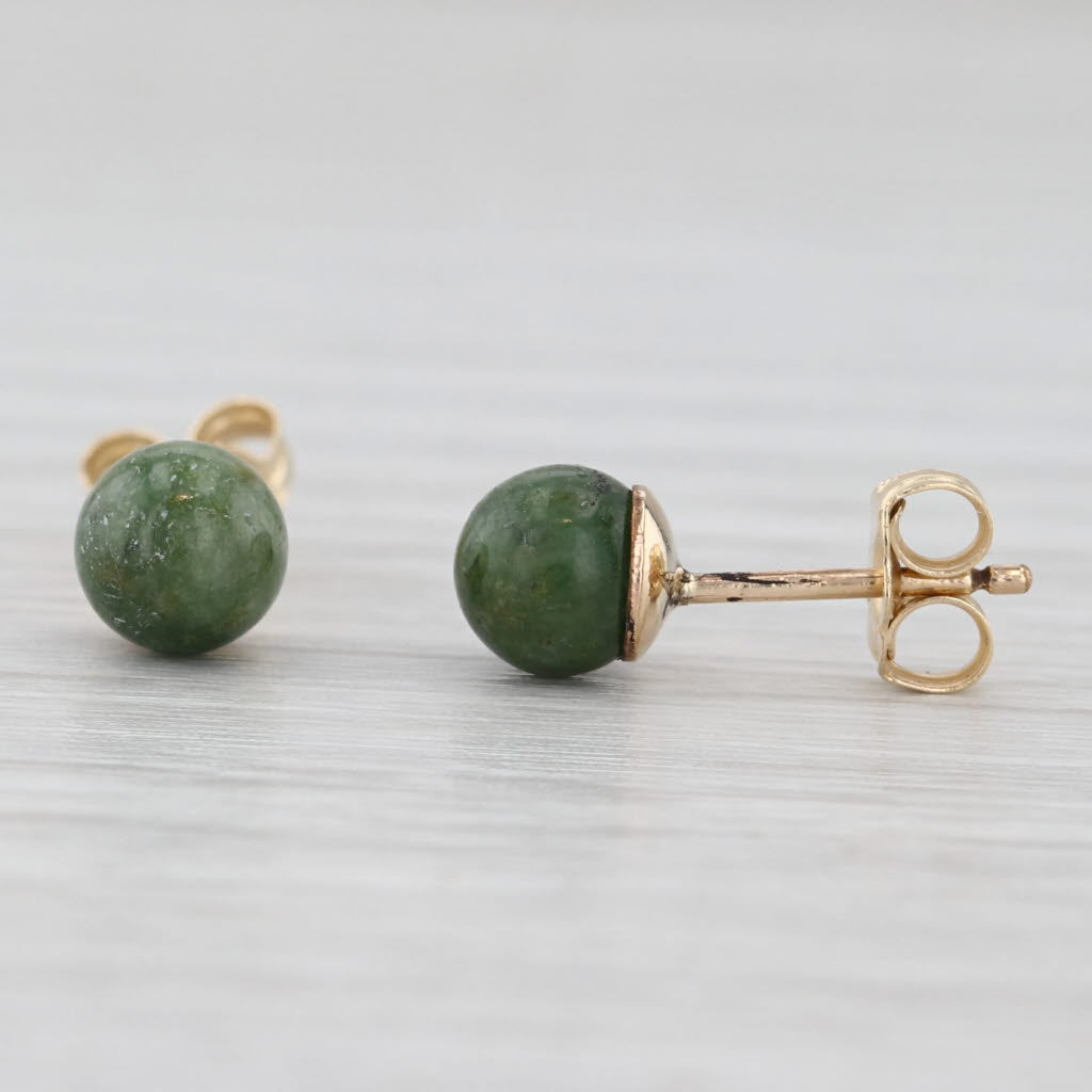 Light Gray Vintage Green Nephrite Jade Bead Stud Earrings 14k Yellow Gold