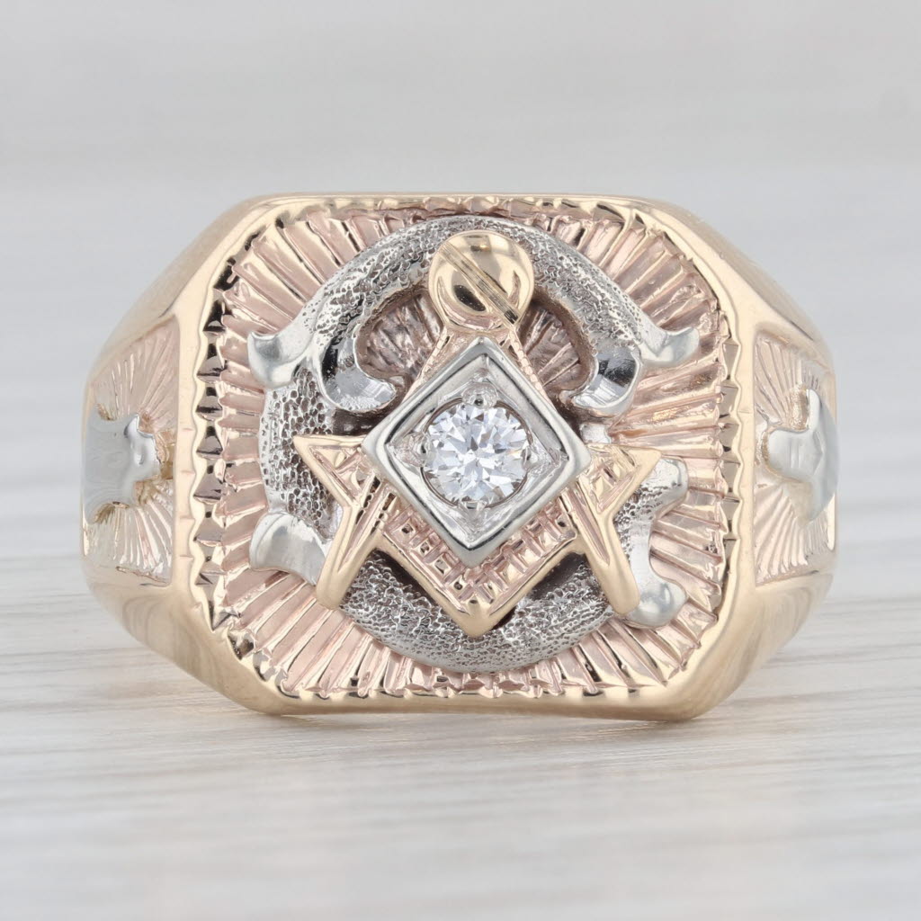 Gray Vintage 0.10ct Diamond Masonic Ring 14k Gold Square Compass Signet Plum Trowel