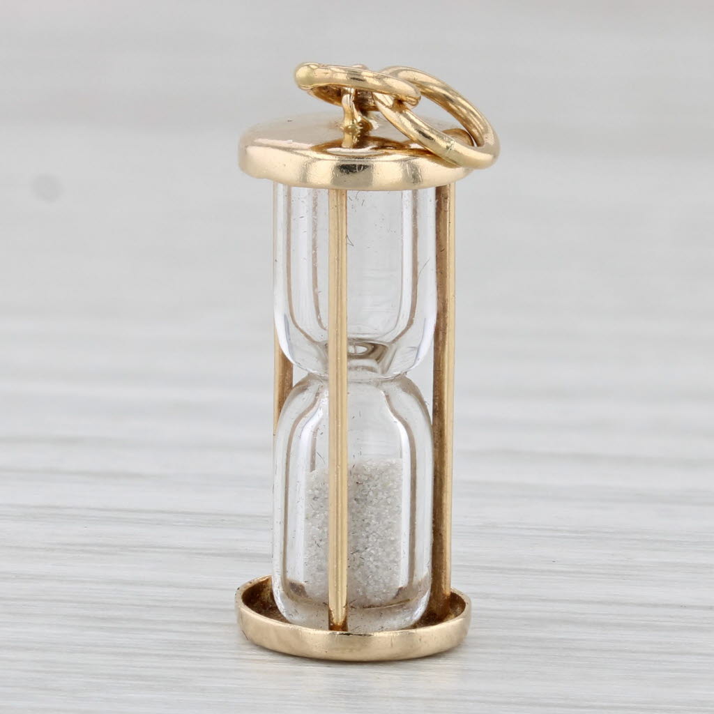 Light Gray Vintage Hour Glass Charm 14k Yellow Gold Sand Pendant