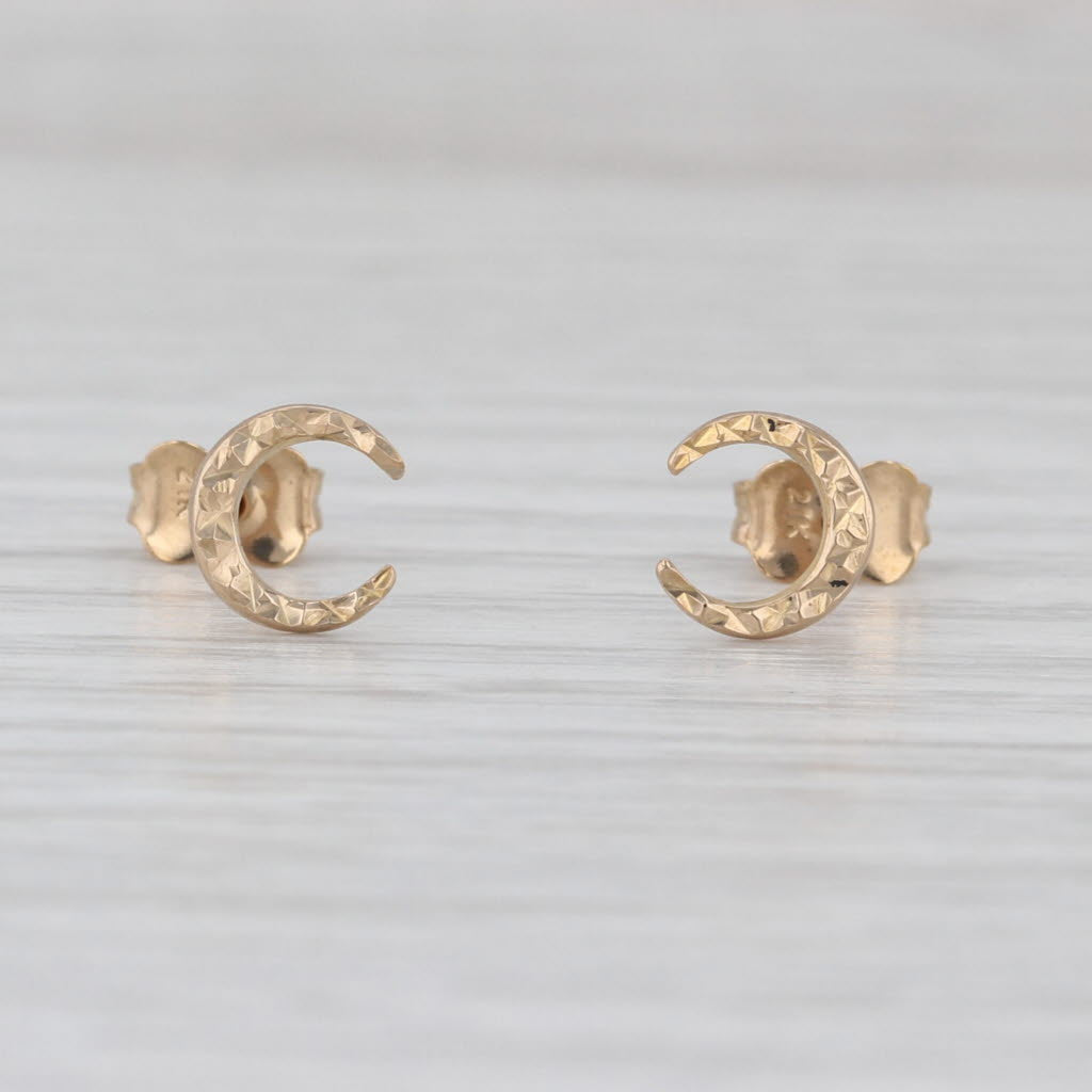 Etched Crescent Moon Earrings 21k Yellow Gold Small Studs