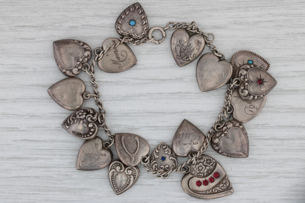 Gray Vintage Mixed Ornate Puffy Hearts Charm Bracelet Sterling Silver Enamel 7.25"