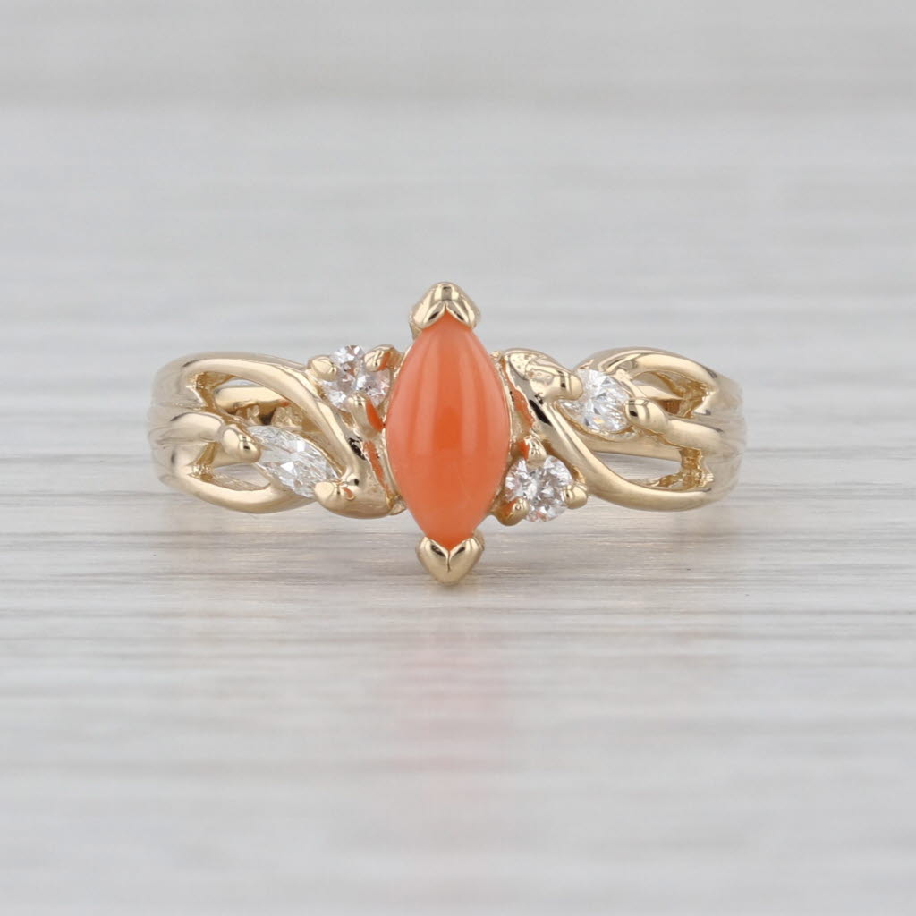 0.16ctw Coral Navette Cabochon Diamond Ring 14k Yellow Gold Size 6