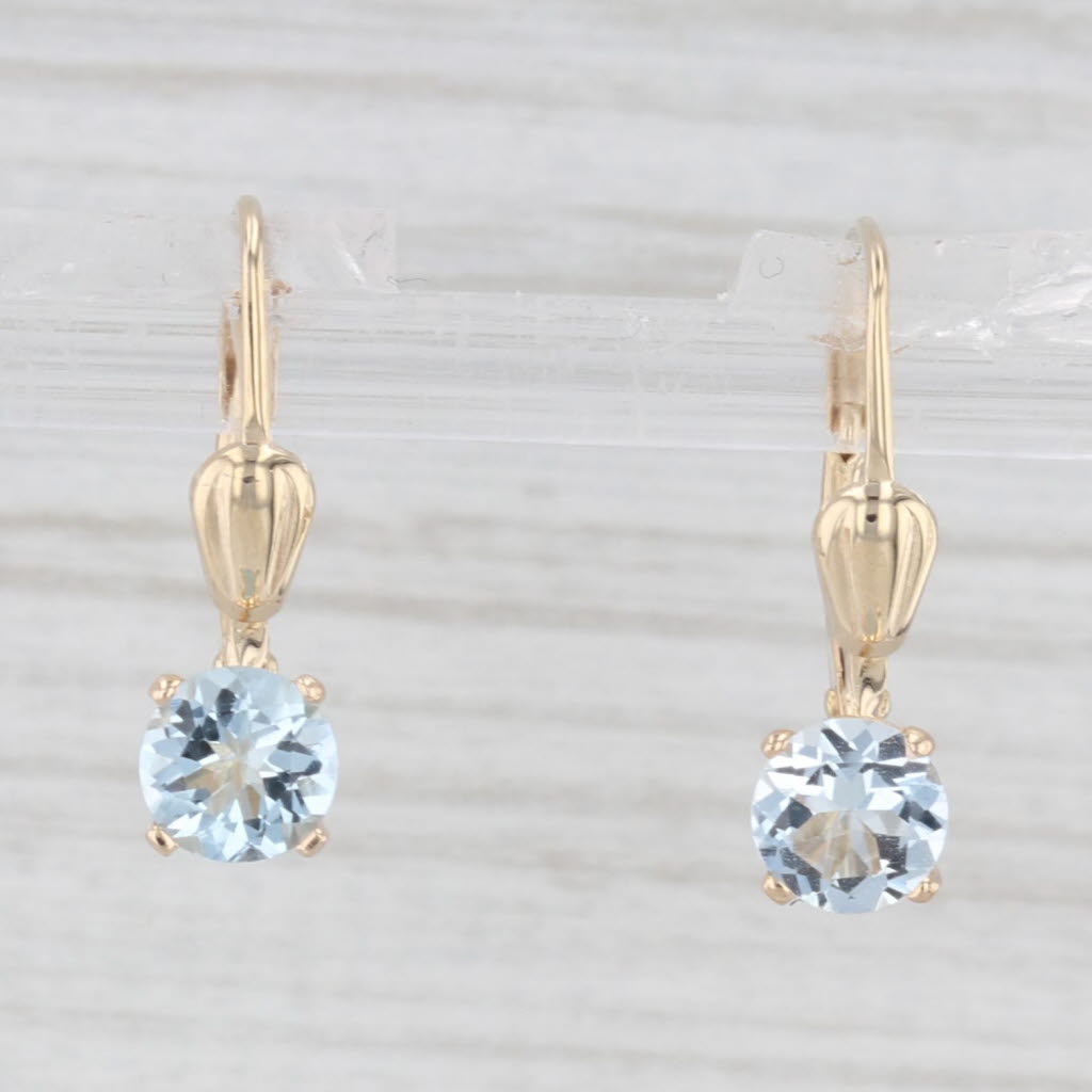 Light Gray 0.50ctw Aquamarine Drop Earrings 14k Yellow Gold Round Solitaires Lever Backs