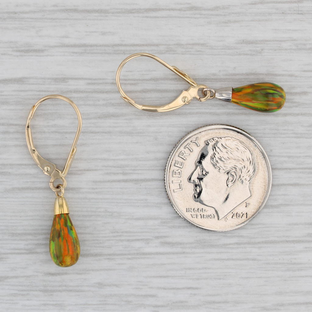 Gray Lab Created Multicolor Opal Teardrop Earrings 14k Yellow Gold Lever Backs