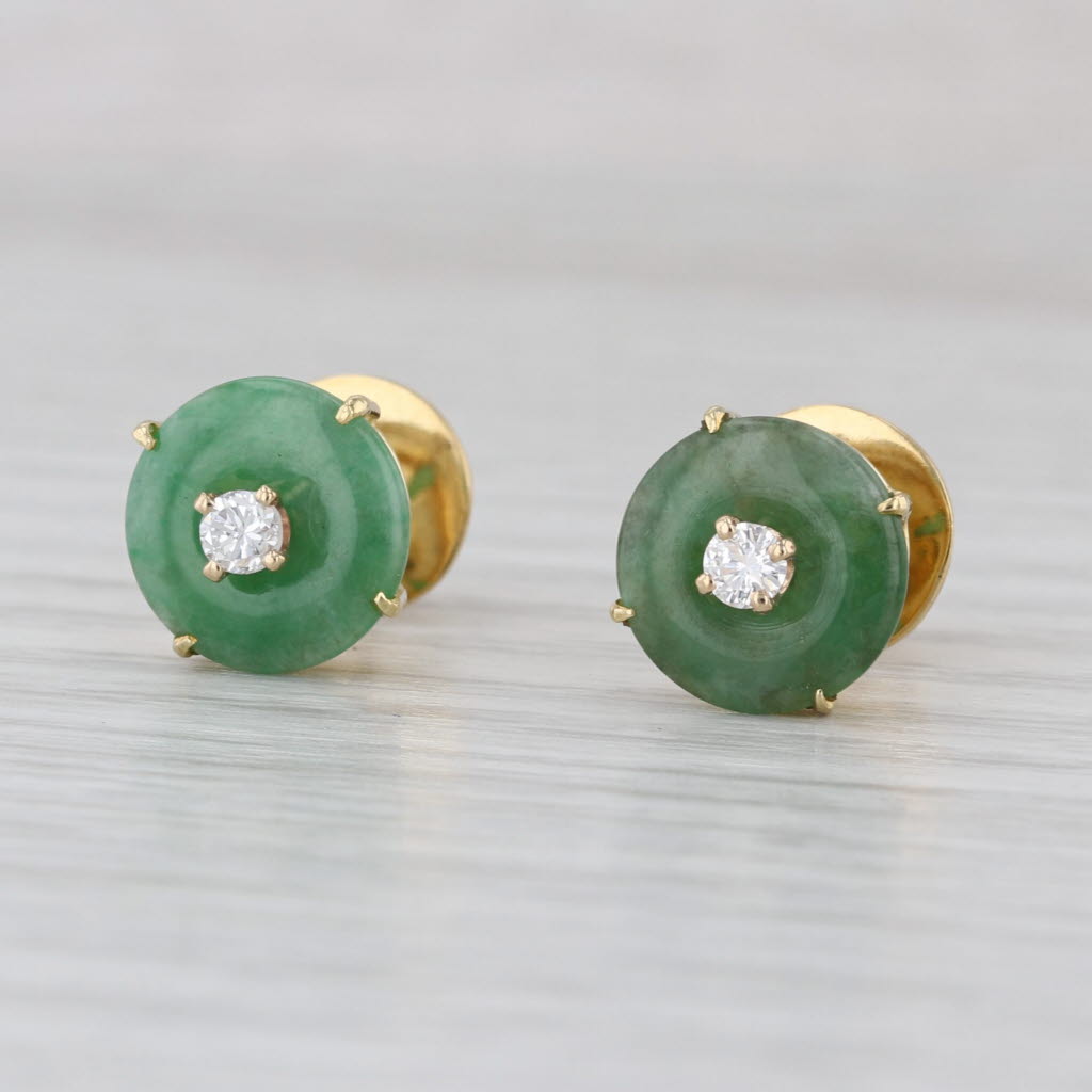 Green Jadeite Jade Diamond Stud Earrings 18k Yellow Gold Round Studs
