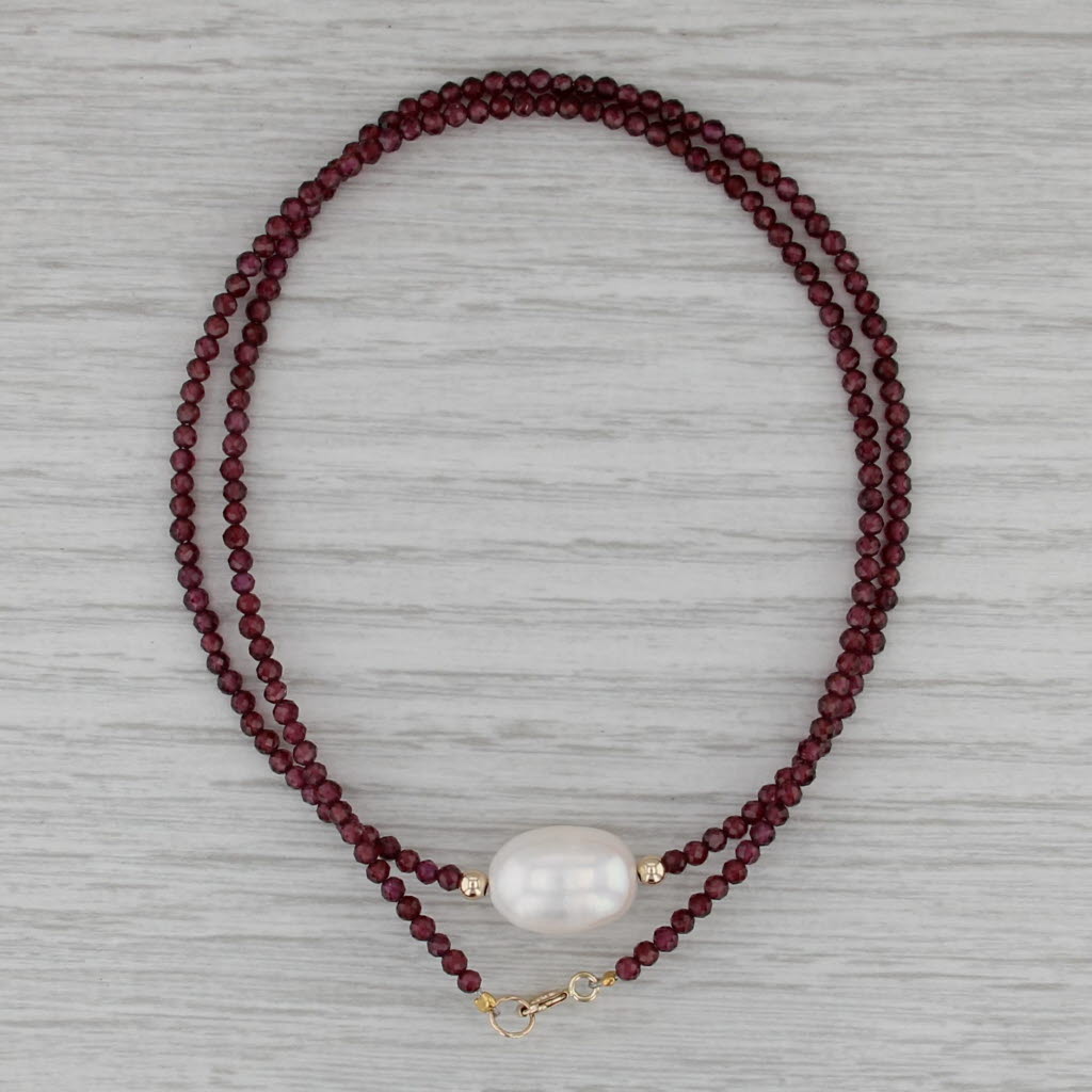 Cultured Pearl Garnet Bead Necklace 14k Yellow Gold 18"
