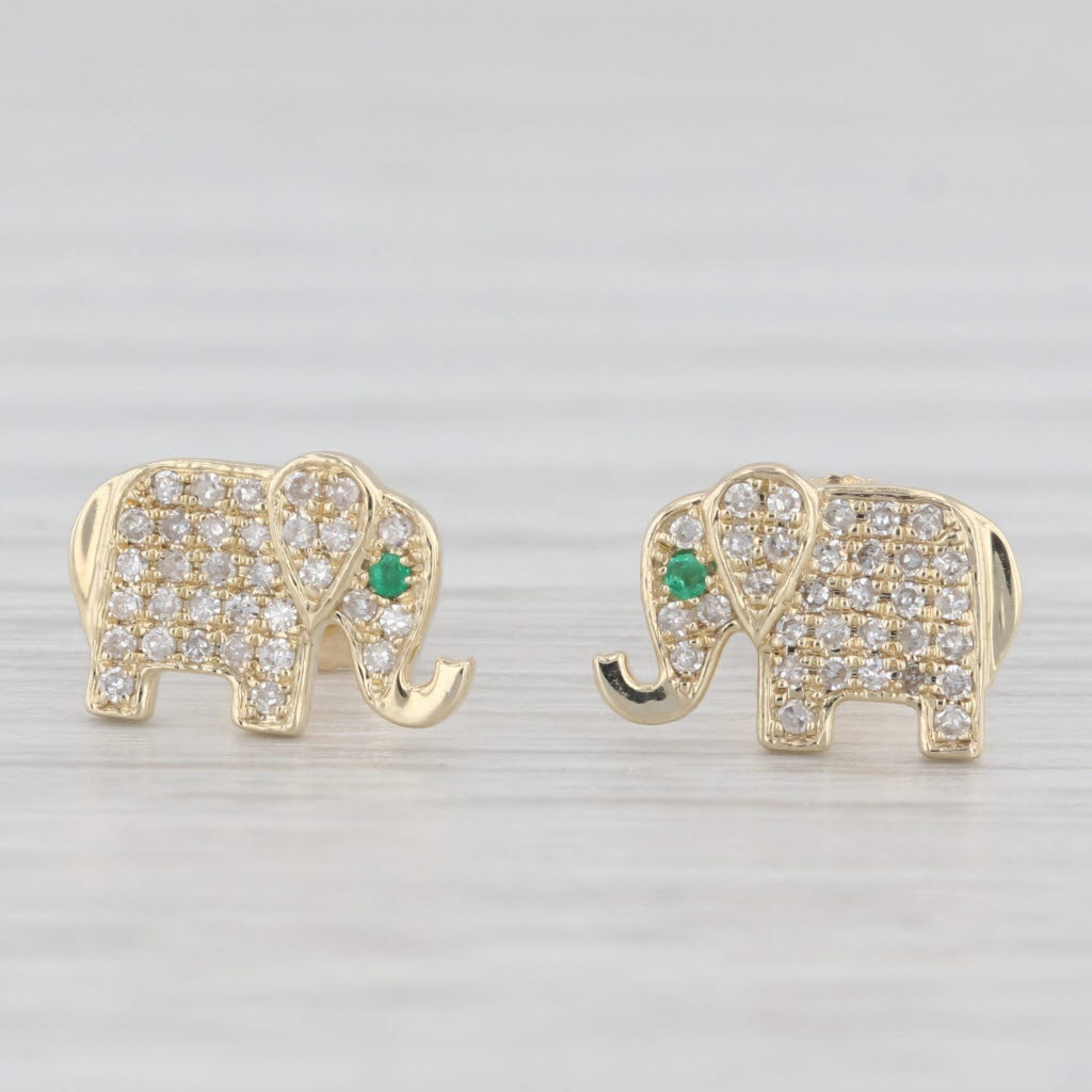 Light Gray New 0.20ctw Diamond Emerald Elephant Stud Earrings 10k Yellow Gold