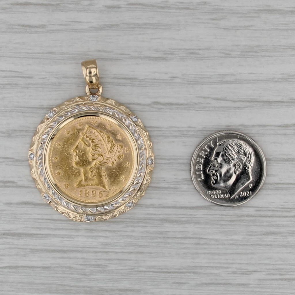 1895 $5 Liberty American Gold Eagle Coin Diamond Bezel Pendant 14k 900 Gold