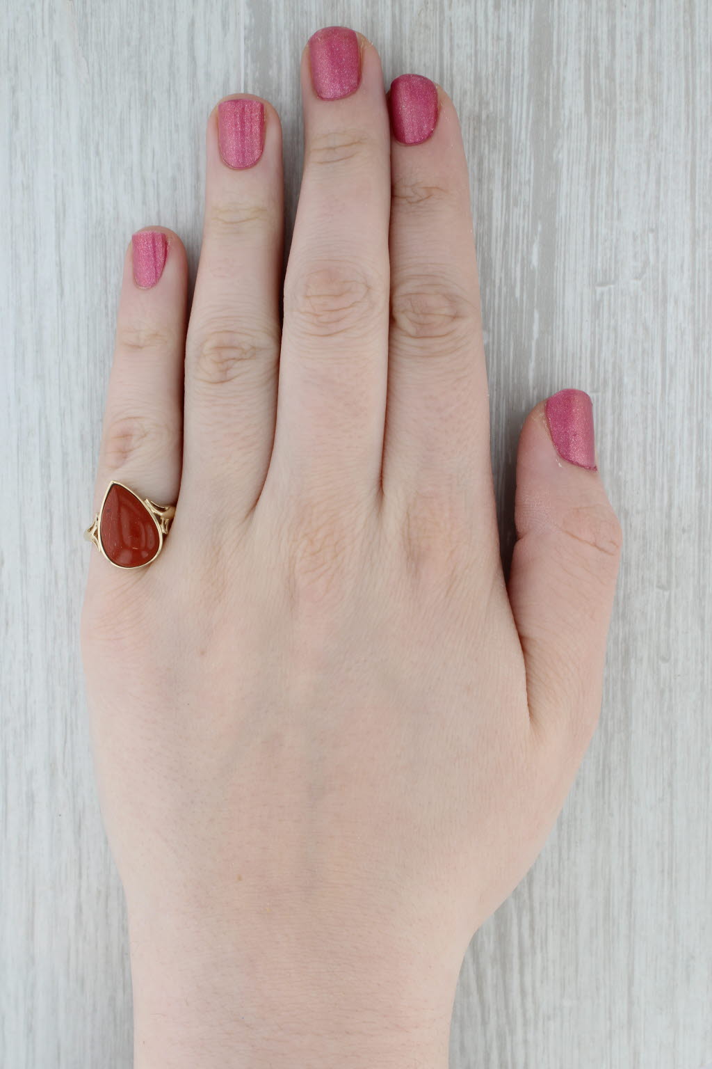 Gray Red Jasper Agate Ring 10k Yellow Gold Size 7 Pear Cabochon Solitaire