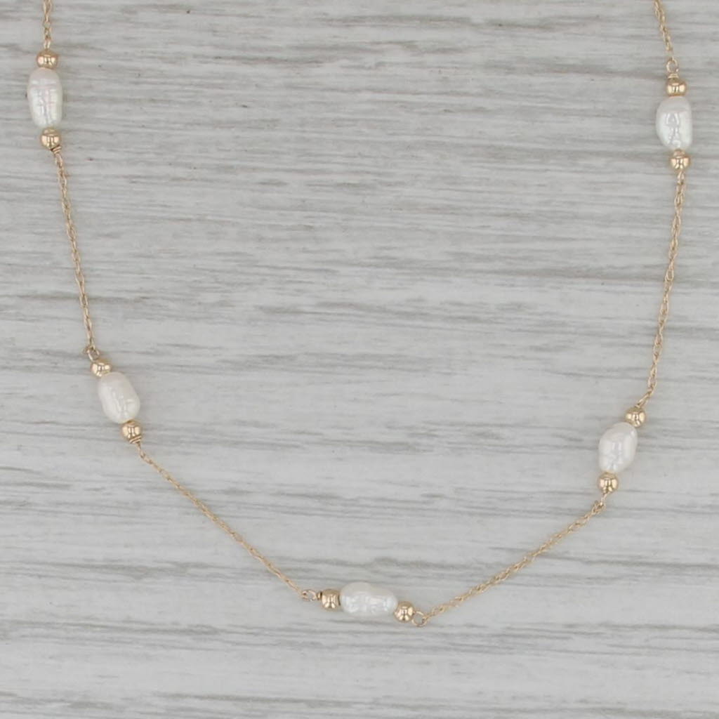 Fresh Water Rice Krispie Cultured Pearl Station Necklace 14k Gold 17" Rope Chain