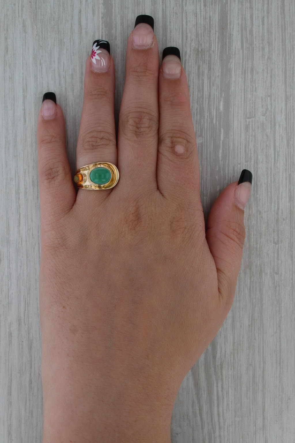 Green Turquoise Orange Opal Ring 14k Yellow Gold Size 6.75 Cocktail