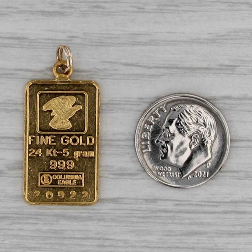 Columbia Eagle 24k 5 Gram Gold Bar Pendant 999 Fine Yellow Gold Charm