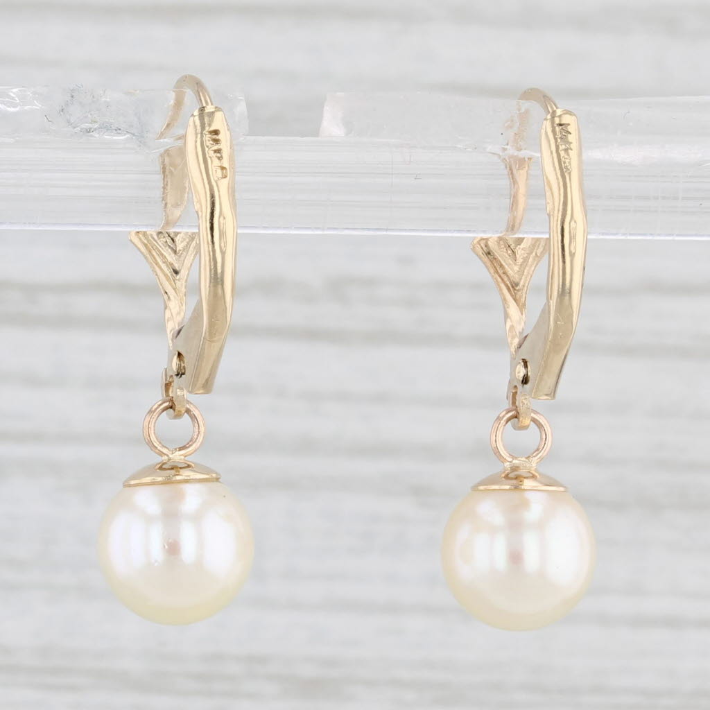 Light Gray Cultured Pearl Dangle Earrings 14k Yellow Gold Lever Back Drops