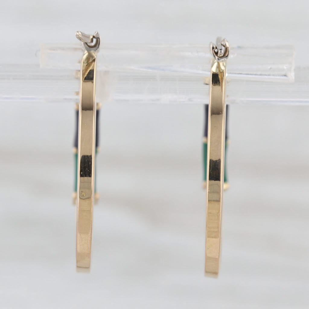 Blue Green Resin Hoop Earrings 18k Yellow Gold Snap Top Round Hoops