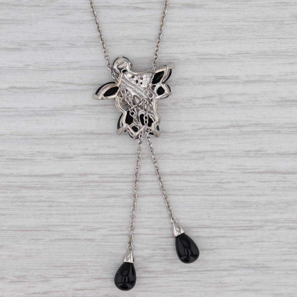 Gray 0.16ctw Diamond Onyx Chalcedony14k White Gold Lariat Pendant Necklace