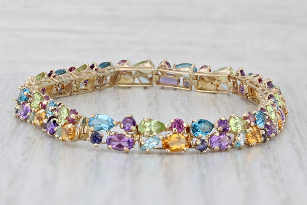 Light Gray 12.87ctw Gemstone Tennis Bracelet 14k Gold 8" Topaz Citrine Peridot Amethyst