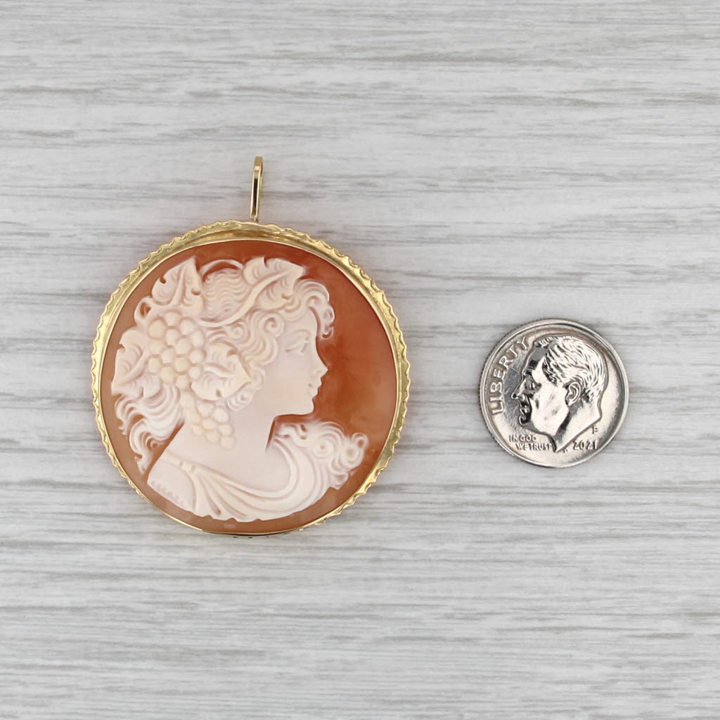Carved Shell Cameo Brooch Pendant 18k Yellow Gold Vintage Italian