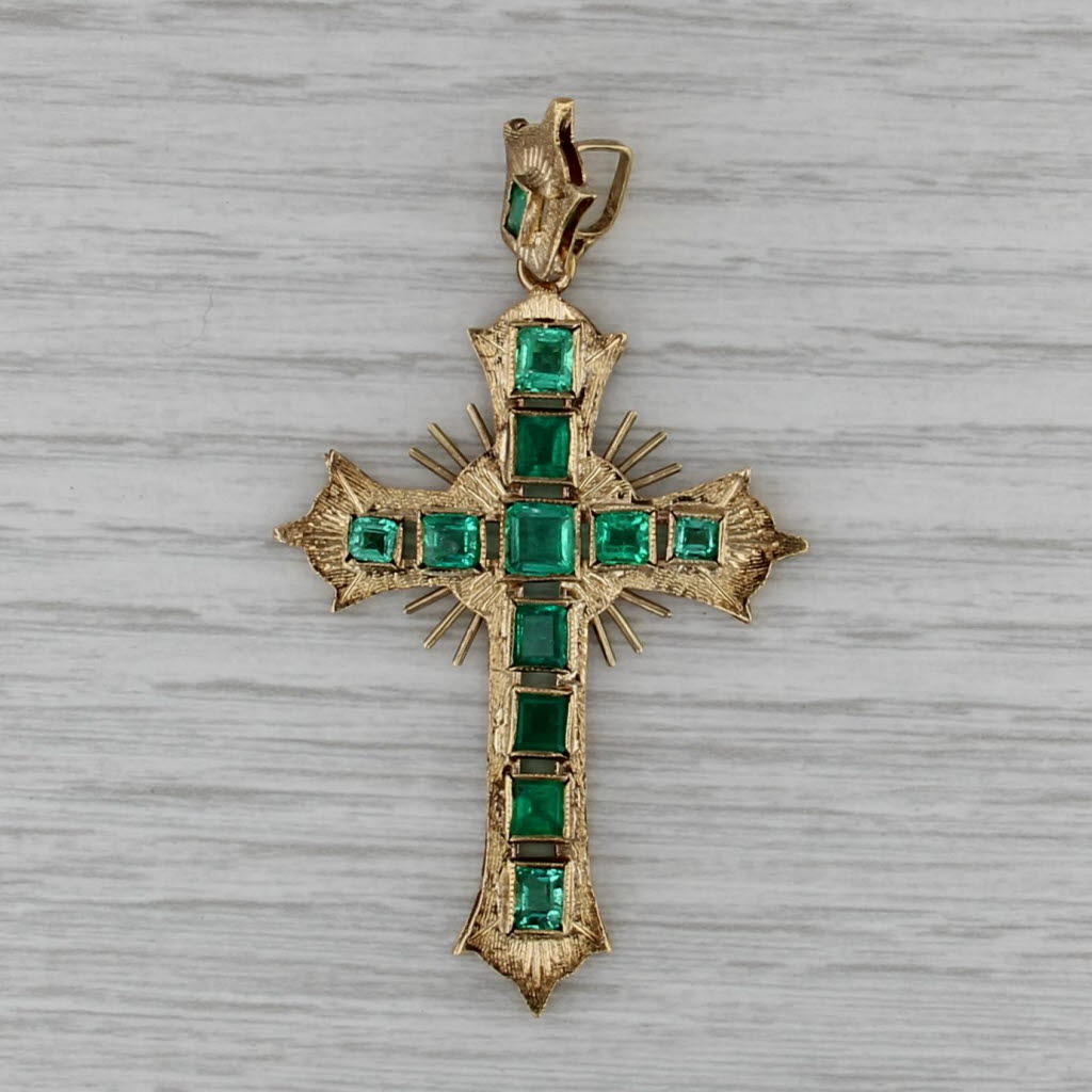 Vintage 3ct Emerald Rayed Cross Pendant 18k Yellow Gold Ornate Large Drop