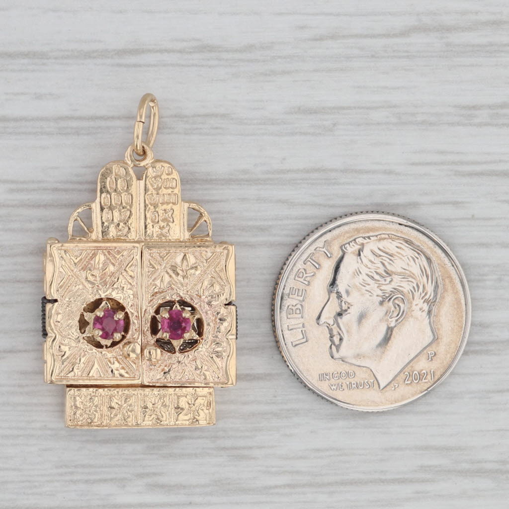 Gray Judaica Vintage Torah Scroll Pendant Charm 14k Gold Ruby Opens