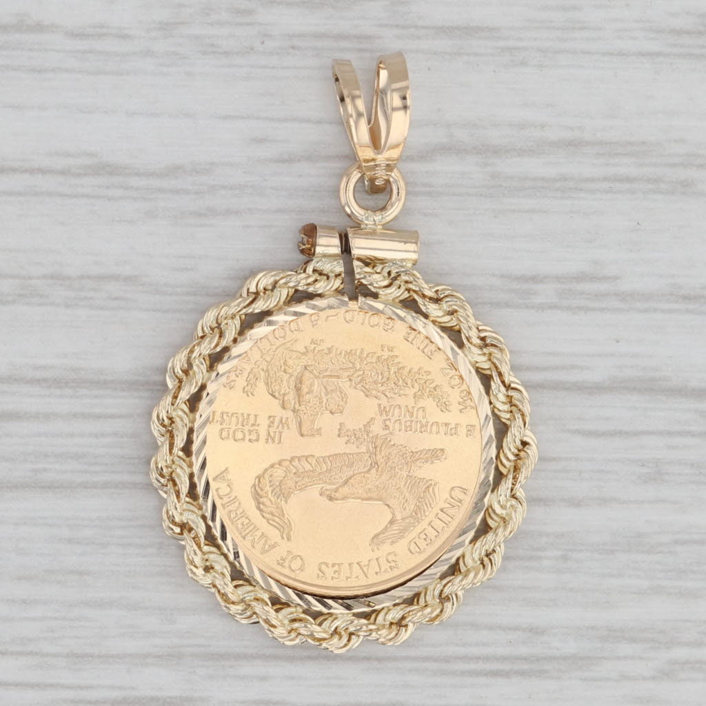 Gray 1986 American Gold Eagle Coin Pendant 14k 900 Yellow Gold 1/10th oz 5 Dollar