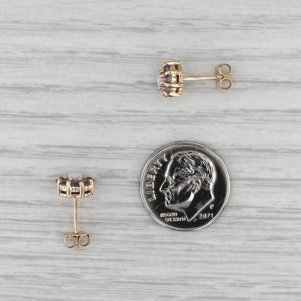 Opal Tanzanite Halo Stud Earrings 10k Yellow Gold Flower Studs