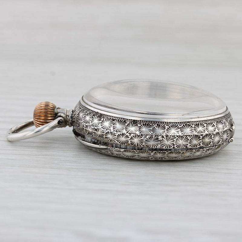 Antique Pocket Watch Shaker Case Pendant Silver Enamel Floral Engraved
